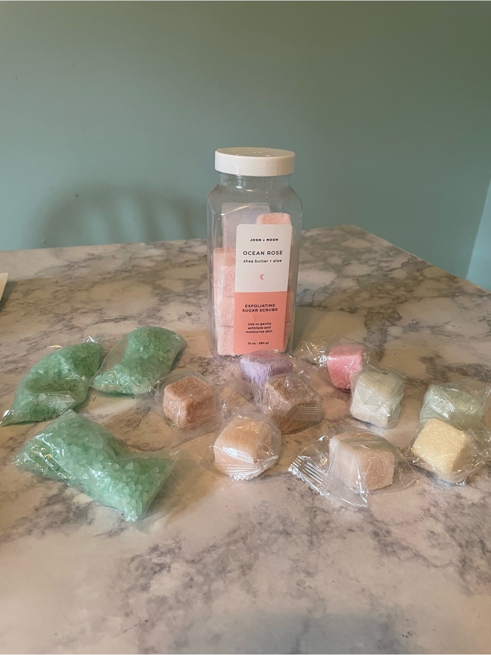 Joon x Moon sugar scrub cubes, Gilchrist & Soames Sea Salt bath crystals